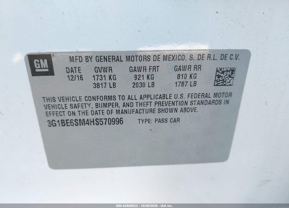 2017 CHEVROLET CRUZE LT AUTO VIN: 3G1BE6SM4HS570996