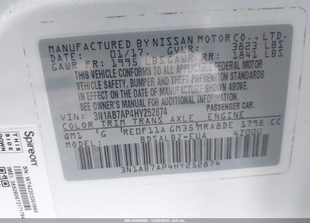 2017 NISSAN SENTRA VIN: 3N1AB7AP4HY252874