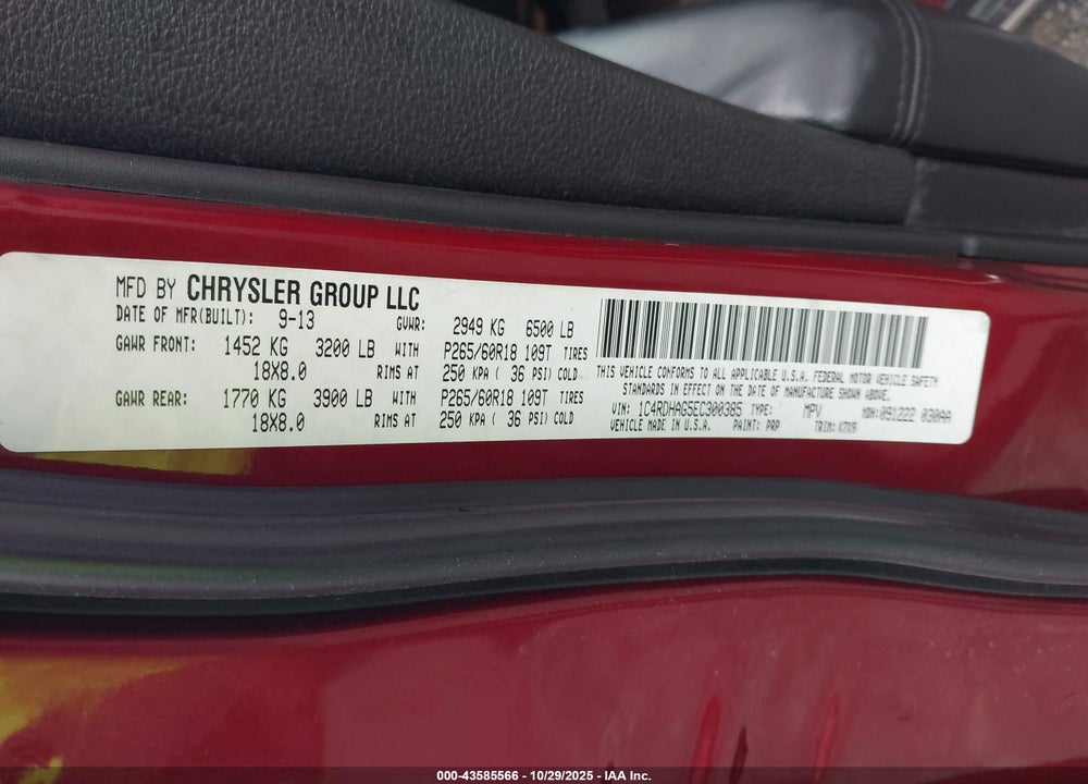 2014 DODGE DURANGO SXT VIN: 1C4RDHAG5EC300385