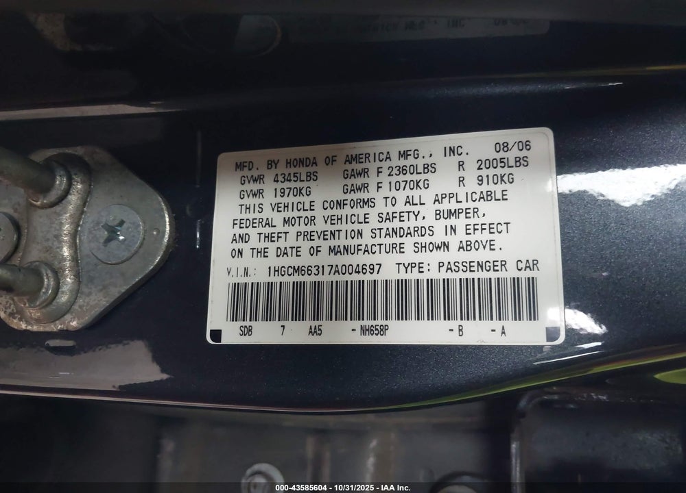 2007 HONDA ACCORD 3.0 LX VIN: 1HGCM66317A004697