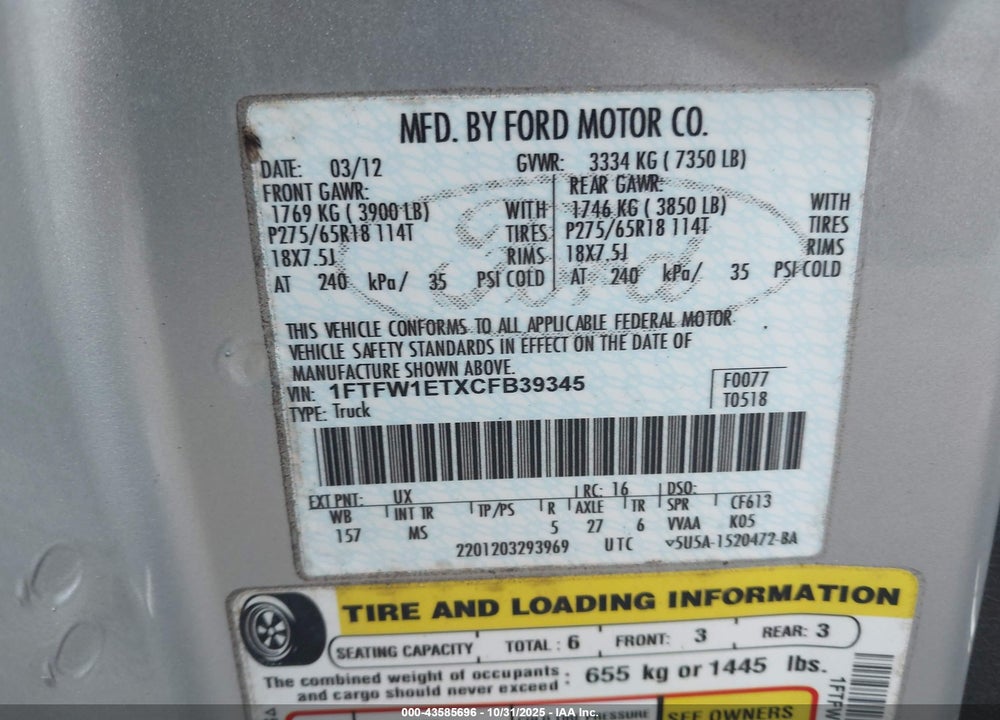 2012 FORD F-150 XLT VIN: 1FTFW1ETXCFB39345