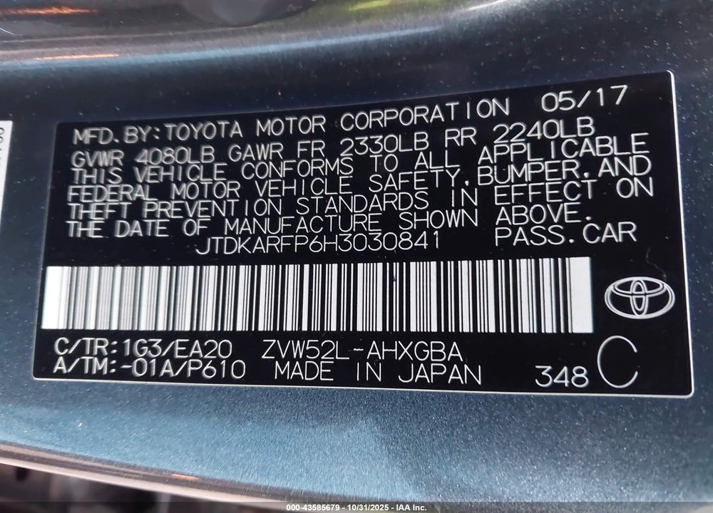 2017 TOYOTA PRIUS PRIME VIN: JTDKARFP6H3030841