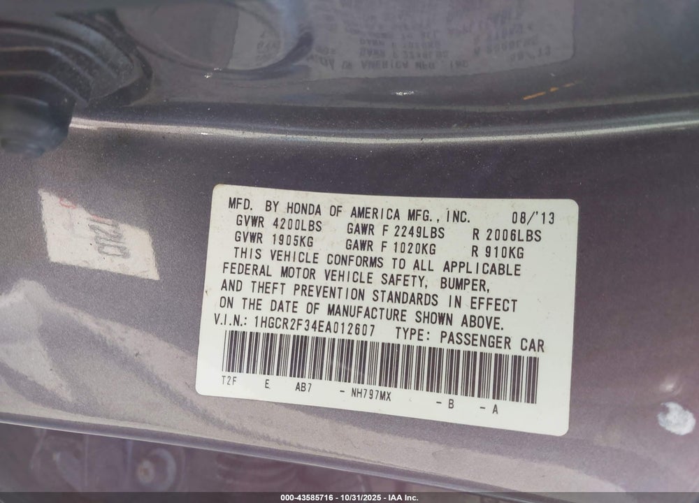 2014 HONDA ACCORD LX VIN: 1HGCR2F34EA012607