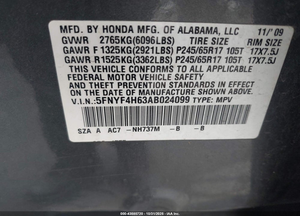 2010 HONDA PILOT EXL VIN: 5FNYF4H63AB024099