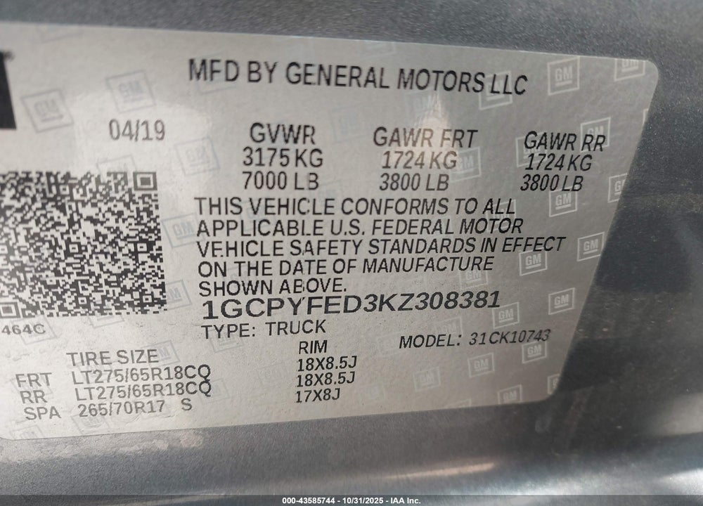 2019 CHEVROLET SILVERADO 1500 LT TRAIL BOSS VIN: 1GCPYFED3KZ308381