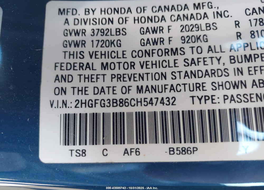 2012 HONDA CIVIC VIN: 2HGFG3B86CH547432