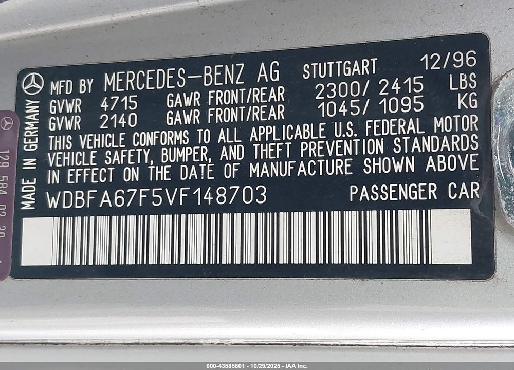 1997 MERCEDES-BENZ SL 500 VIN: WDBFA67F5VF148703