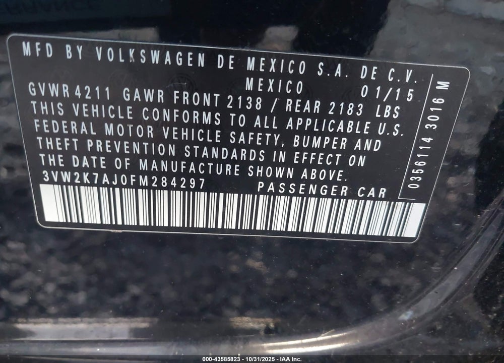 2015 VOLKSWAGEN JETTA 2.0L S VIN: 3VW2K7AJ0FM284297