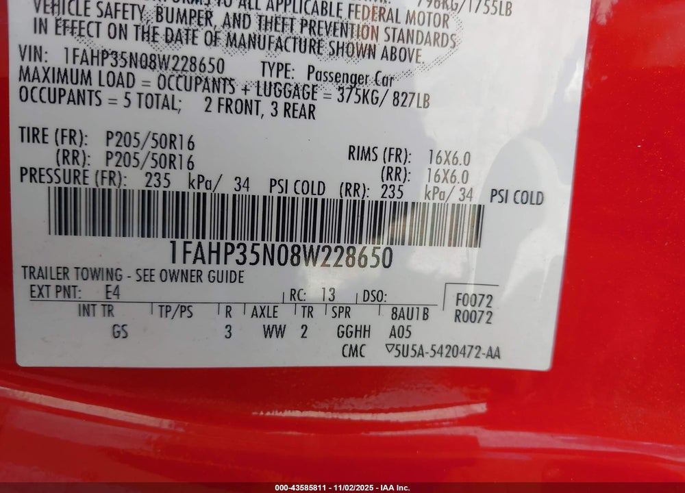 2008 FORD FOCUS VIN: 1FAHP35N08W228650