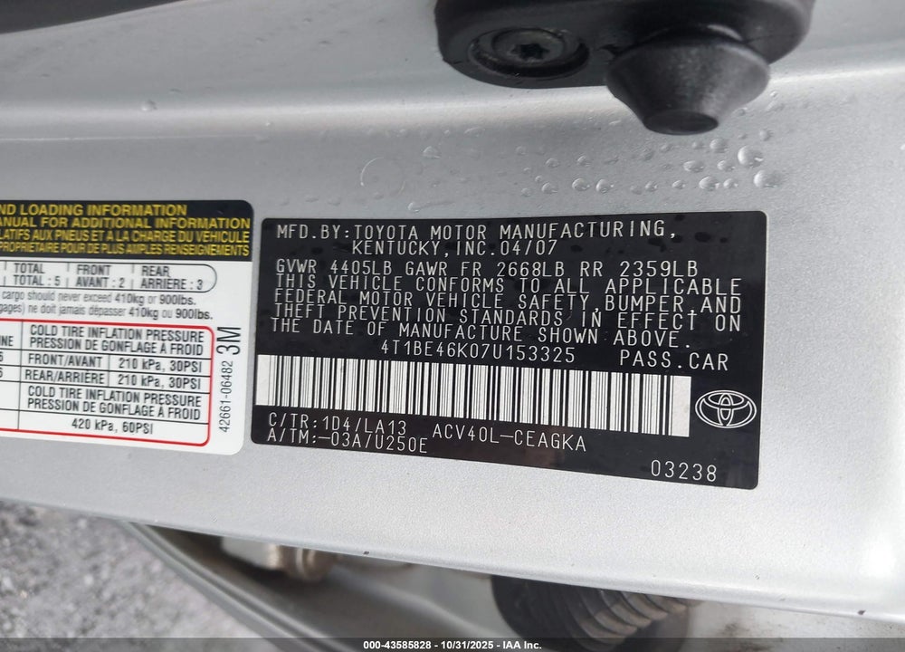 2007 TOYOTA CAMRY VIN: 4T1BE46K07U153325