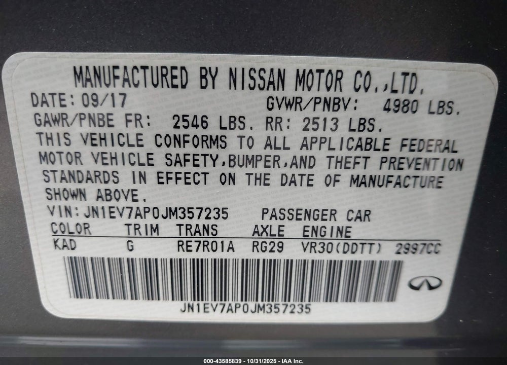 2018 INFINITI Q50 VIN: JN1EV7AP0JM357235