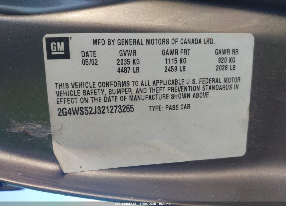 2002 BUICK CENTURY CUSTOM VIN: 2G4WS52J321273265