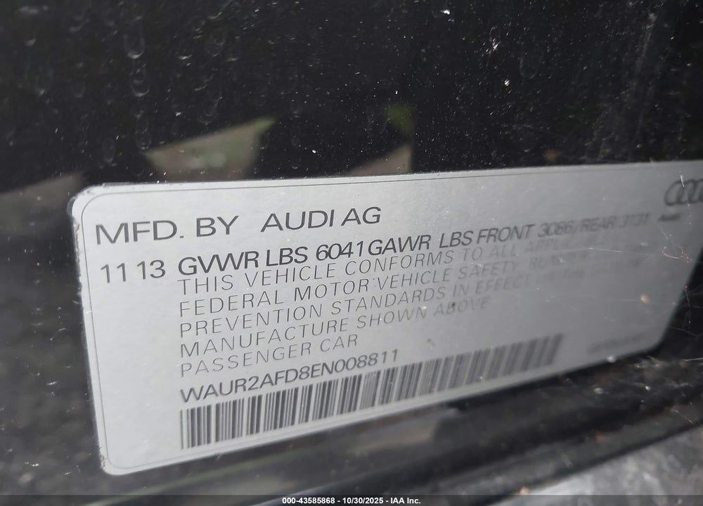2014 AUDI A8 L 4.0T VIN: WAUR2AFD8EN008811