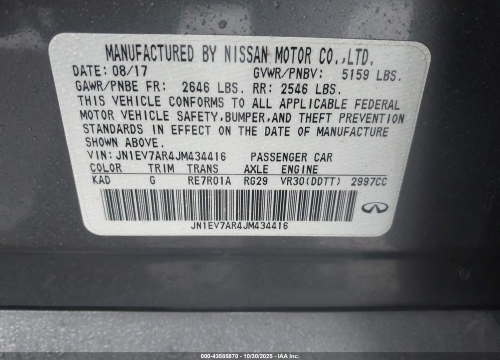 2018 INFINITI Q50 VIN: JN1EV7AR4JM434416