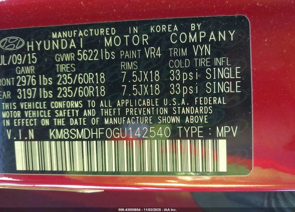 2016 HYUNDAI SANTA FE SE VIN: KM8SMDHF0GU142540