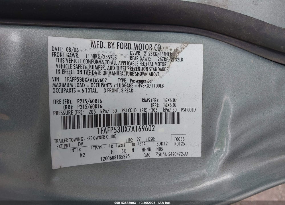 2007 FORD TAURUS SE VIN: 1FAFP53UX7A169602