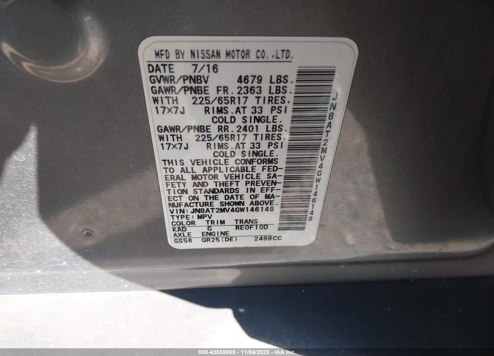 2016 NISSAN ROGUE S VIN: JN8AT2MV4GW146149