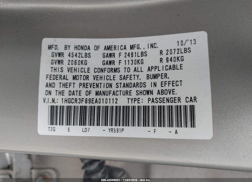 2014 HONDA ACCORD EX-L V-6 VIN: 1HGCR3F89EA010112