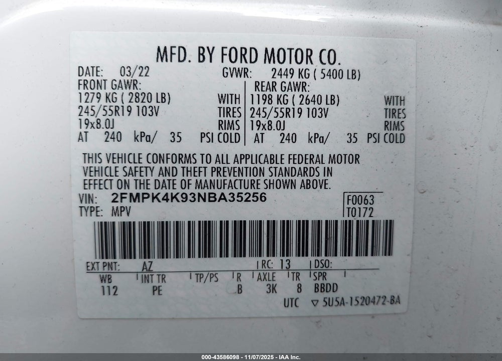 2022 FORD EDGE TITANIUM VIN: 2FMPK4K93NBA35256