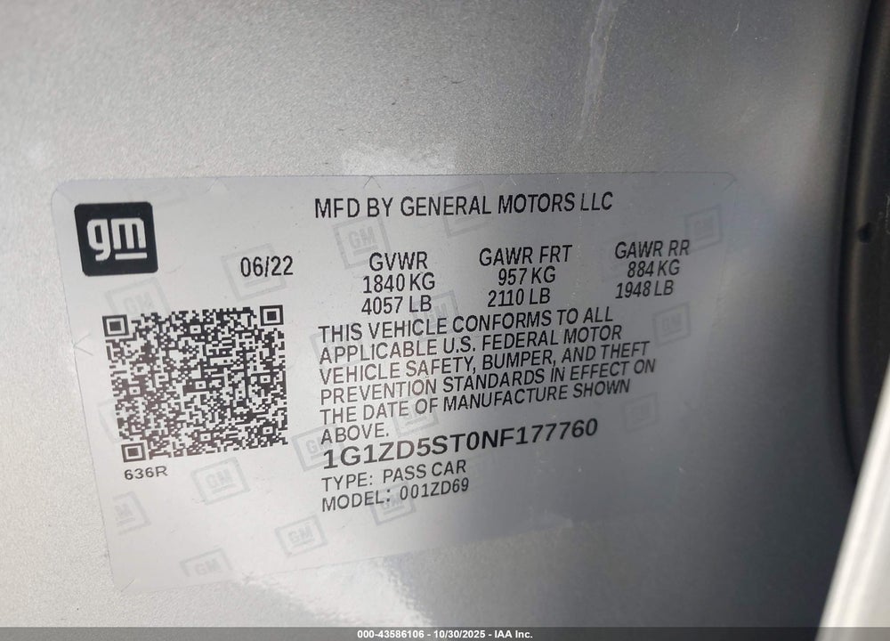 2022 CHEVROLET MALIBU FWD LT VIN: 1G1ZD5ST0NF177760