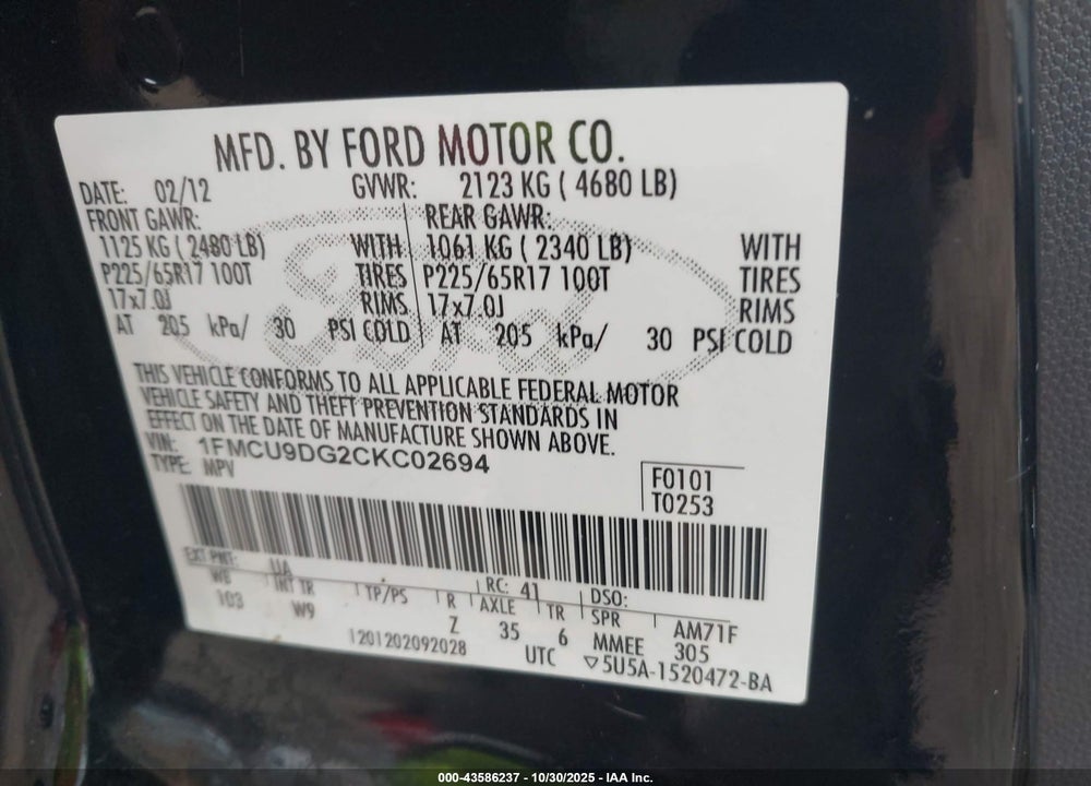 2012 FORD ESCAPE VIN: 1FMCU9DG2CKC02694