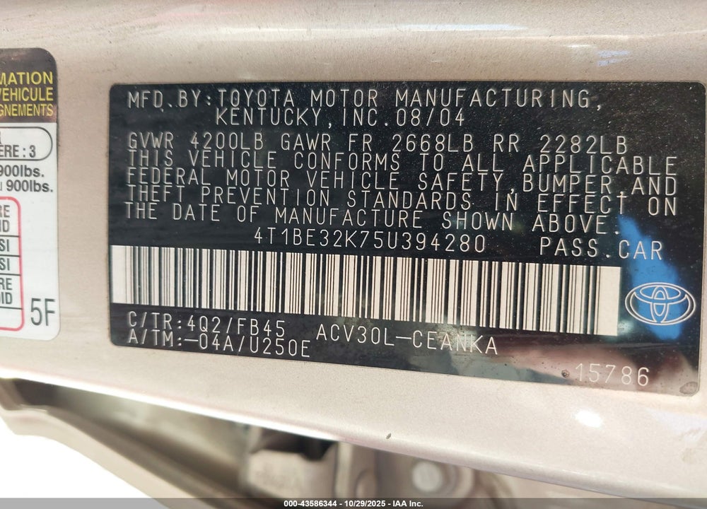 2005 TOYOTA CAMRY LE VIN: 4T1BE32K75U394280