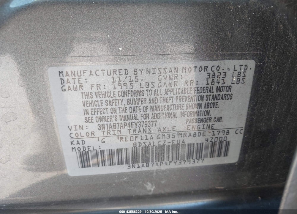 2015 NISSAN SENTRA S VIN: 3N1AB7AP4FY379377