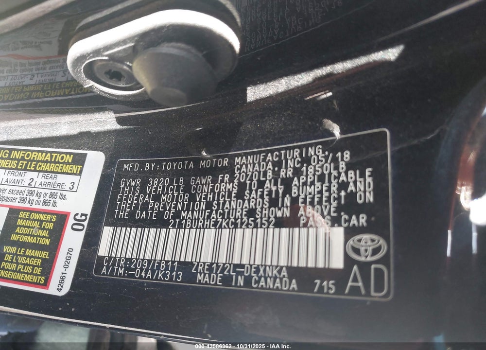 2019 TOYOTA COROLLA LE VIN: 2T1BURHE7KC125152