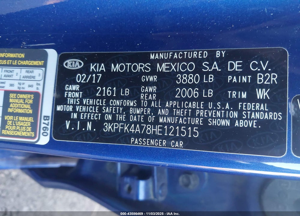 2017 KIA FORTE LX VIN: 3KPFK4A78HE121515