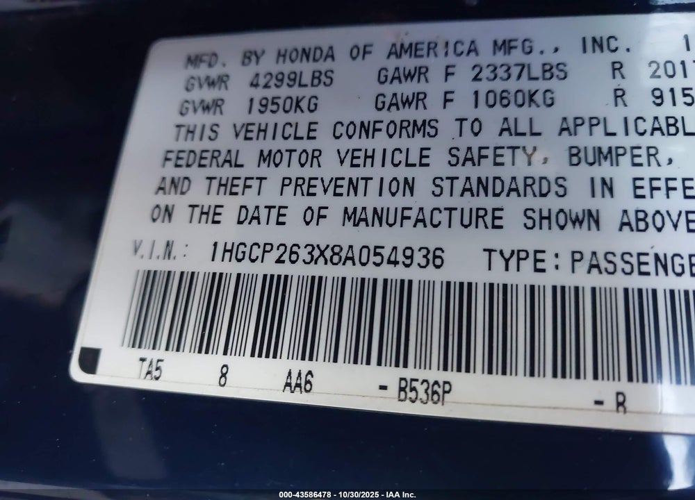 2008 HONDA ACCORD 2.4 LX VIN: 1HGCP263X8A054936