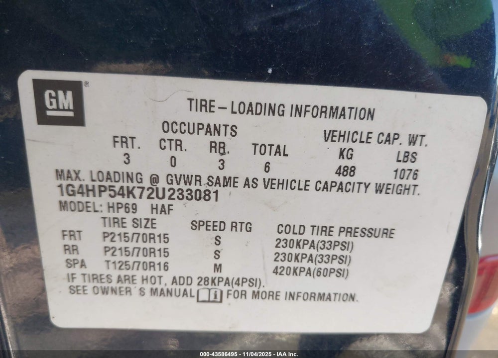 2002 BUICK LESABRE CUSTOM VIN: 1G4HP54K72U233081