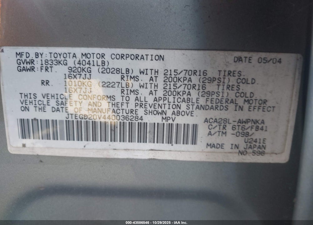 2004 TOYOTA RAV4 VIN: JTEGD20V440036284