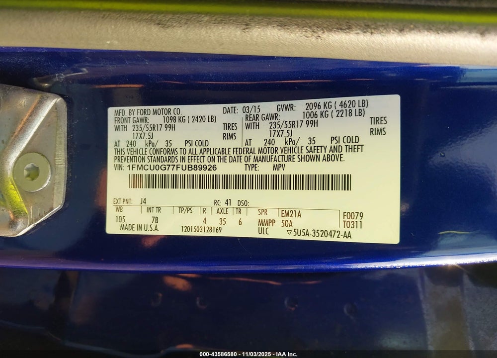2015 FORD ESCAPE SE VIN: 1FMCU0G77FUB89926