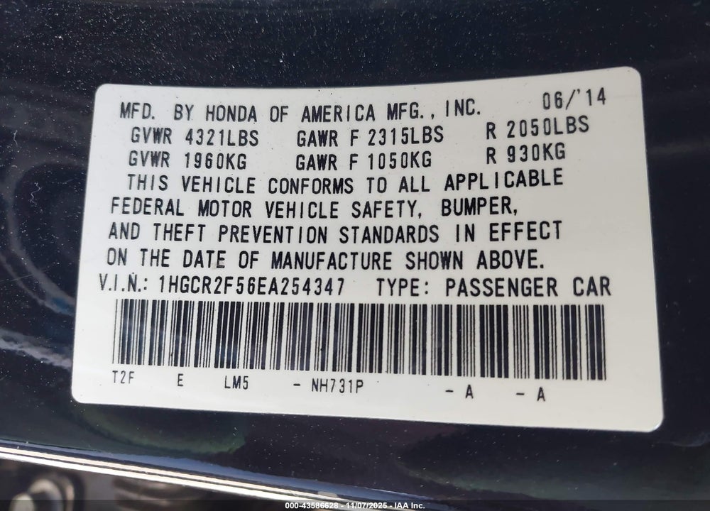 2014 HONDA ACCORD SPORT VIN: 1HGCR2F56EA254347