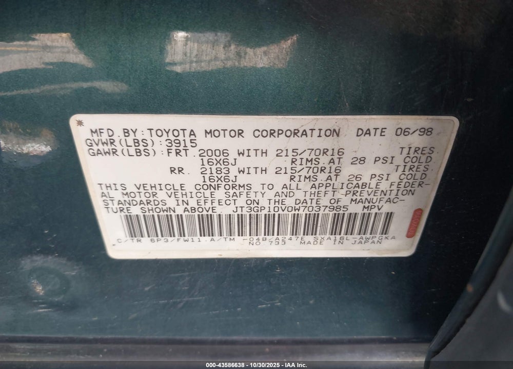 1998 TOYOTA RAV4 VIN: JT3GP10V0W7037985