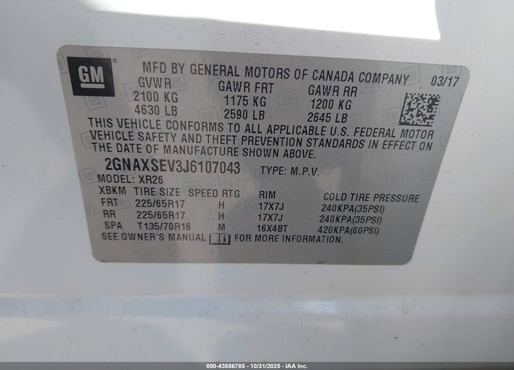 2018 CHEVROLET EQUINOX VIN: 2GNAXSEV3J6107043