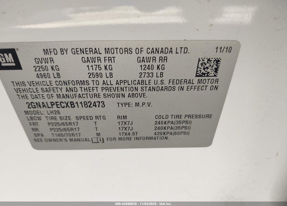 2011 CHEVROLET EQUINOX 2LT VIN: 2GNALPECXB1182473
