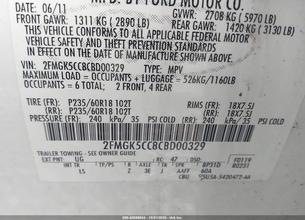 2012 FORD FLEX SEL VIN: 2FMGK5CC8CBD00329