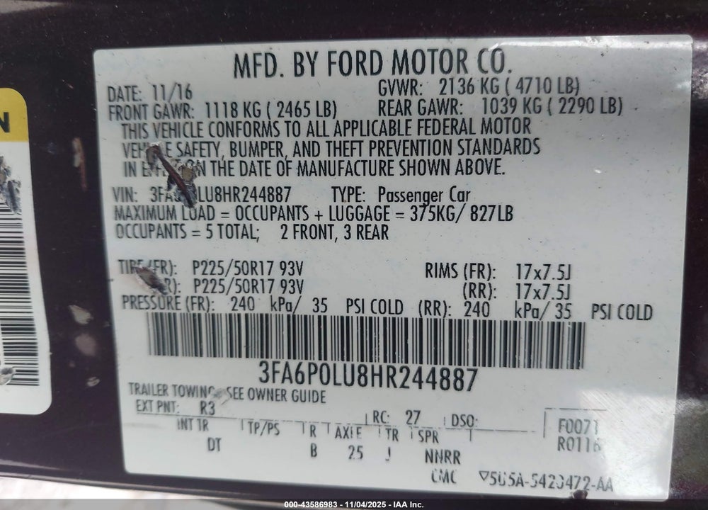2017 FORD FUSION HYBRID SE VIN: 3FA6P0LU8HR244887