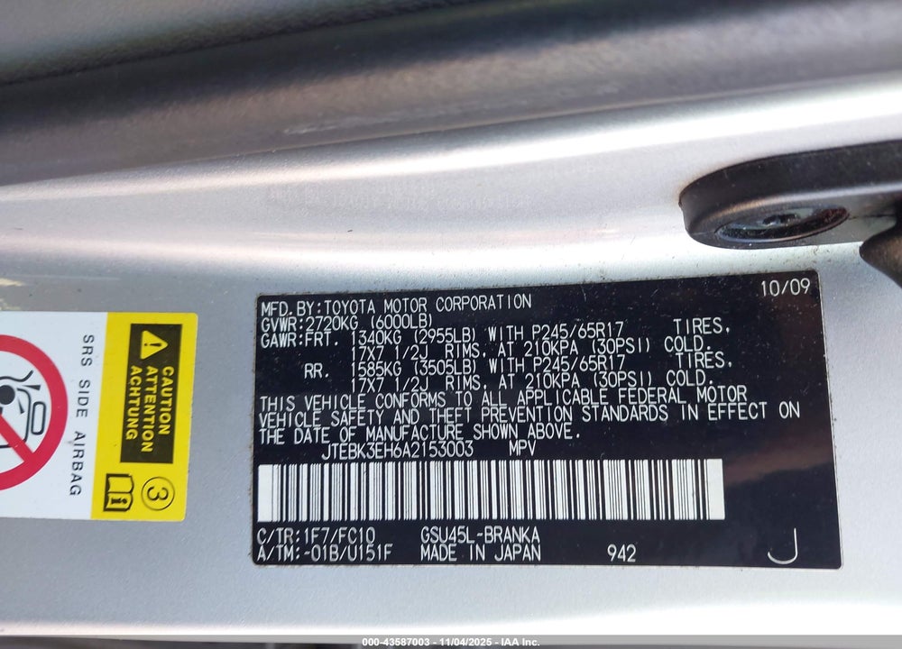2010 TOYOTA HIGHLANDER VIN: JTEBK3EH6A2153003