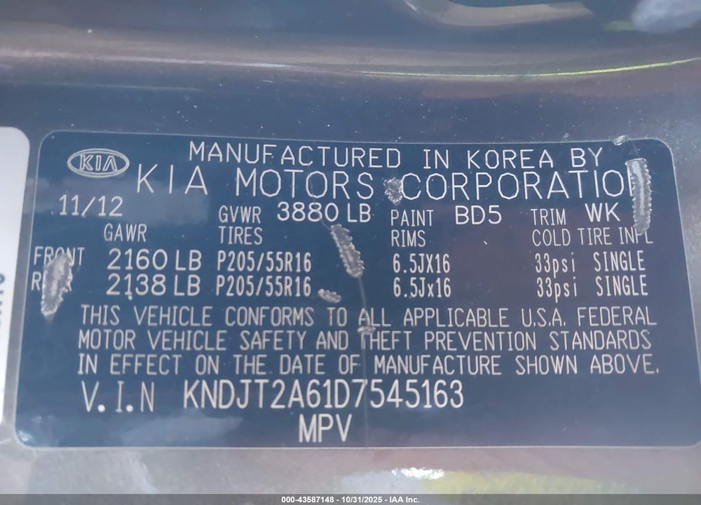 2013 KIA SOUL VIN: KNDJT2A61D7545163