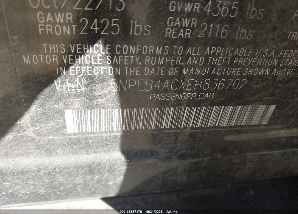 2014 HYUNDAI SONATA GLS VIN: 5NPEB4ACXEH836702
