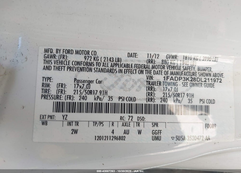 2013 FORD FOCUS SE VIN: 1FADP3K28DL211972