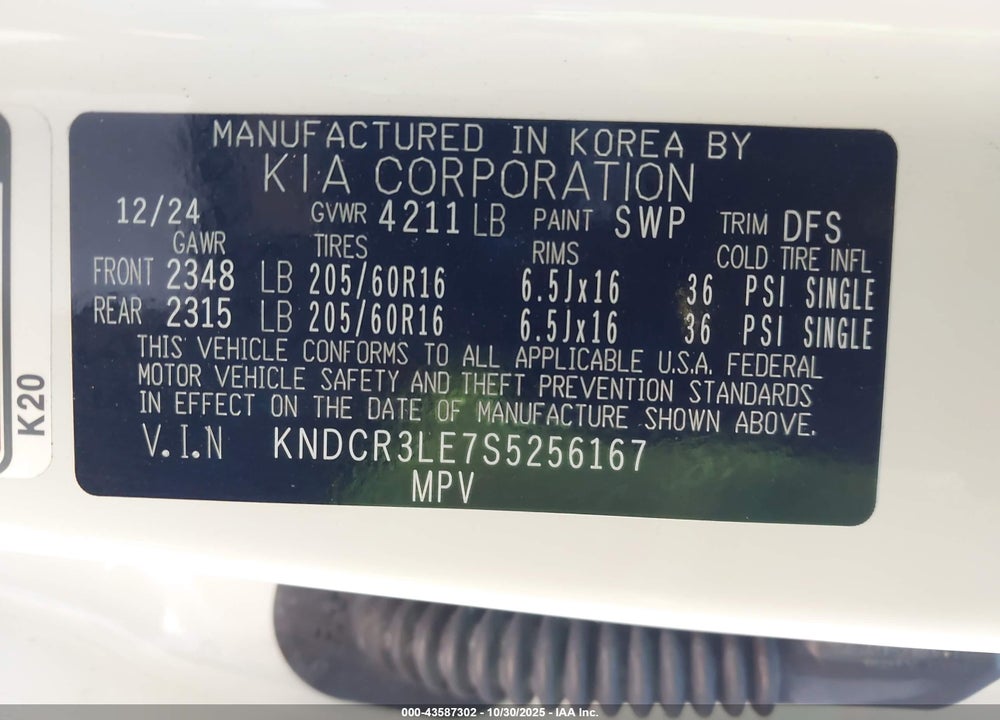 2025 KIA NIRO VIN: KNDCR3LE7S5256167