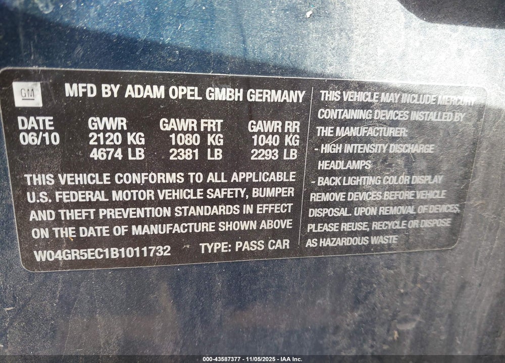 2011 BUICK REGAL VIN: W04GR5EC1B1011732