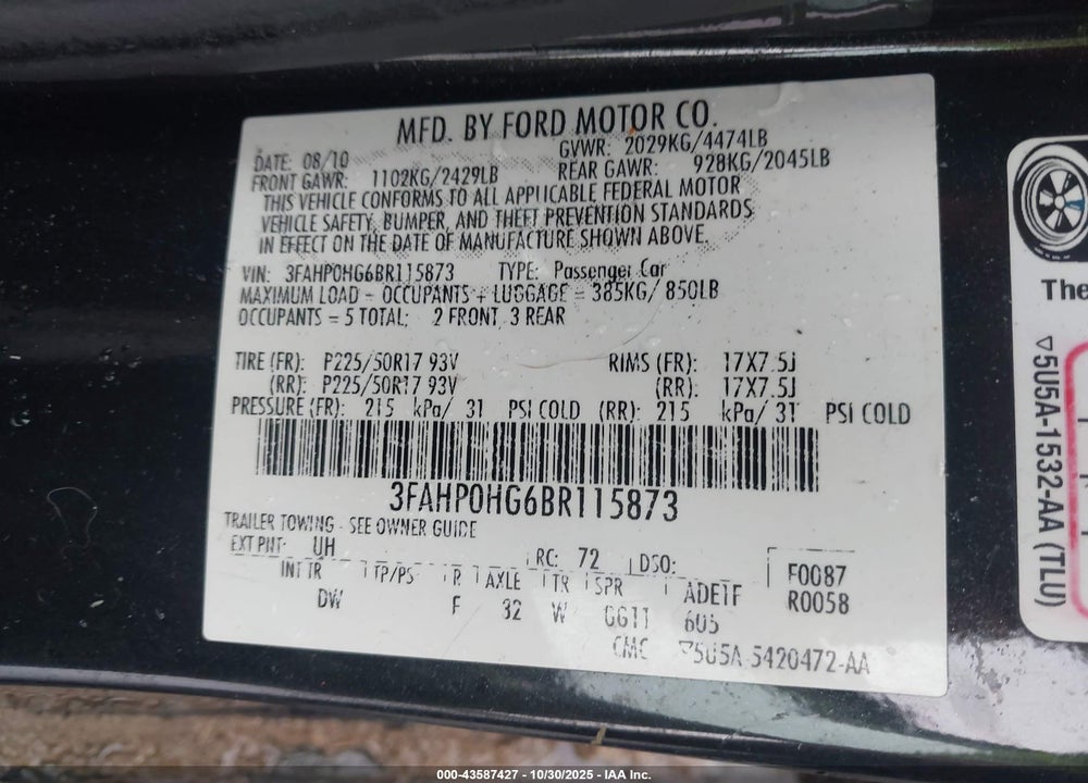 2011 FORD FUSION SE VIN: 3FAHP0HG6BR115873