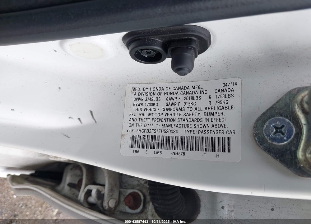2014 HONDA CIVIC LX VIN: 2HGFB2F51EH520084