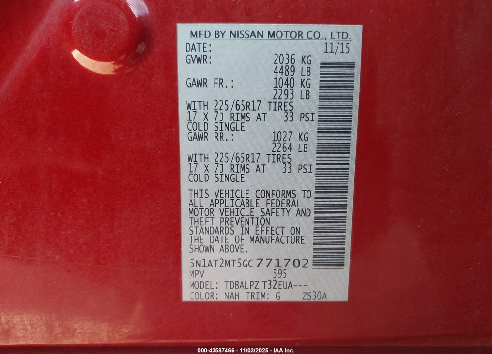 2016 NISSAN ROGUE S/SL/SV VIN: 5N1AT2MT5GC771702