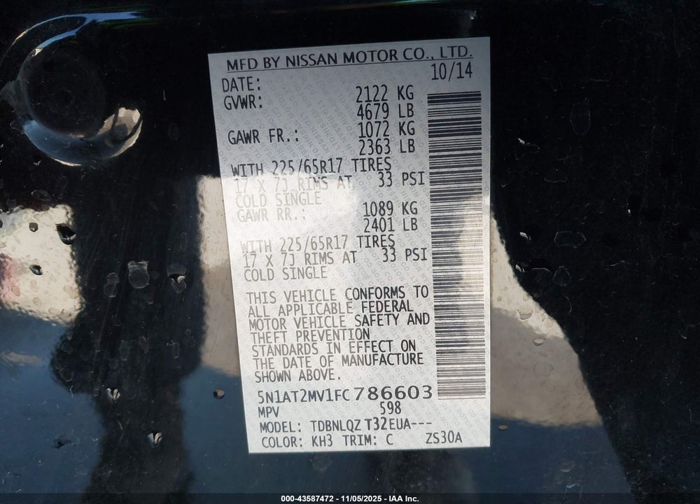 2015 NISSAN ROGUE SV VIN: 5N1AT2MV1FC786603