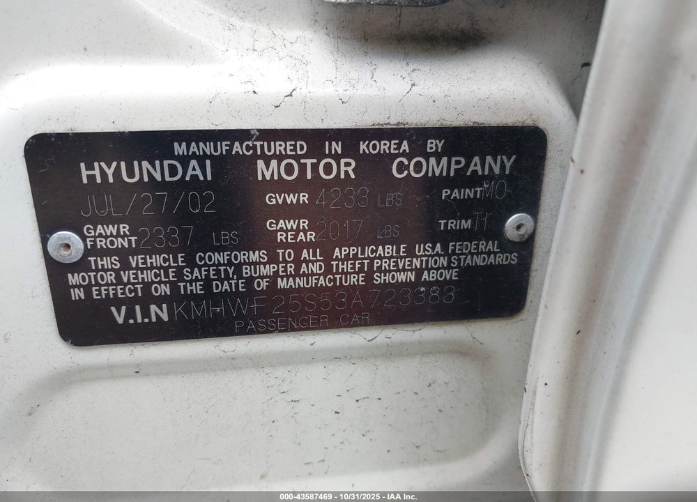 2003 HYUNDAI SONATA VIN: KMHWF25S53A723383